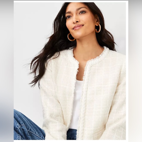 Ann Taylor Braided Trim White Tweed Jacket with eyelet closure. Size 4. NWOT. - Picture 1 of 10